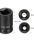 Pro Grade 14Millimeter 4 Point Square Impact Socket Half Inch Drive Cr Mo Steel showing size dimensions and socket openings.