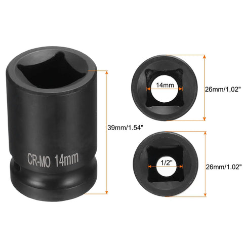 Pro Grade 14Millimeter 4 Point Square Impact Socket Half Inch Drive Cr Mo Steel showing size dimensions and socket openings.