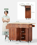 Drop Leaf Kitchen Island On Wheels With Two Drawers And Double Door Cabinets, Towel Rack And Spice Rack, Brown Finish