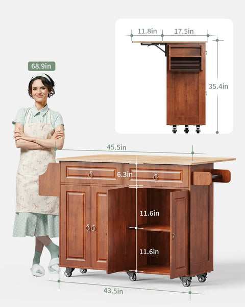 Drop Leaf Kitchen Island On Wheels With Two Drawers And Double Door Cabinets, Towel Rack And Spice Rack, Brown Finish