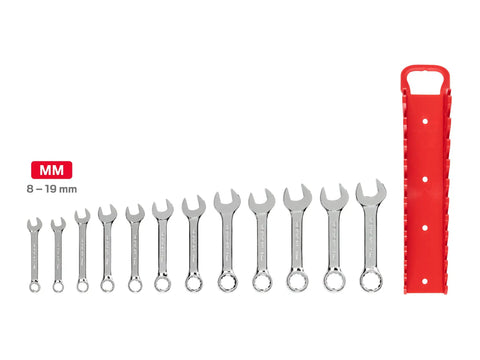 Stubby 12-Piece Wrench Set 8 To 19 mm With Holder Ultra Short Wrenches displayed with red holder on white background