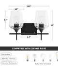 2 Light Vanity Light Fixture With Clear Glass Shades And Matte Black Finish dimensions and bulb compatibility.