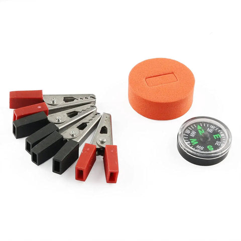 Homemade Electromagnet Do It Yourself Kit for Physics Experiments and Science Projects with clips, foam piece, and compass.