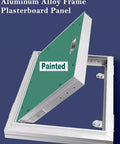 Dead Nuts Secure 32X87 Inch Drywall Access Panel With Aluminum Frame And Touch Lock showing green painted panel open.