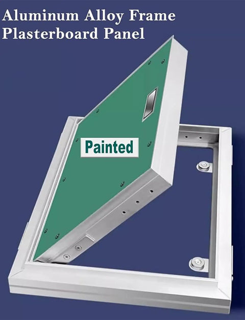 Dead Nuts Secure 32X87 Inch Drywall Access Panel With Aluminum Frame And Touch Lock showing green painted panel open.