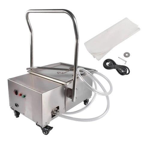 Heavy Duty Mobile Fryer Filter Machine 38L Commercial Oil Filtration System on wheels with stainless steel body and various accessories.