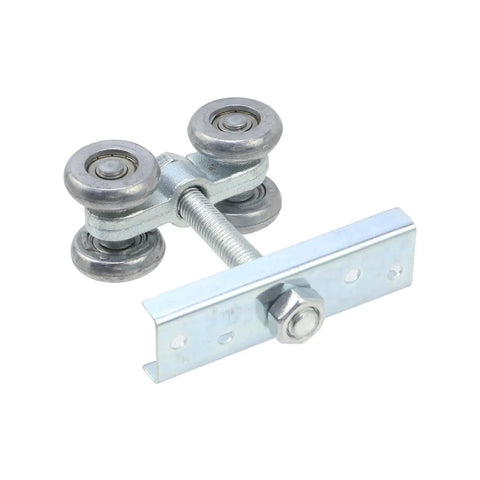 Beefed Up Heavy Duty Four Wheel Trolley Assembly with steel plate and M12 bolt, shown in close-up for strut channel use.