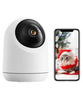 2K Pan Tilt Baby Monitor Camera With Two Way Talk Indoor Security Cam Night Vision Privacy Mode Alexa Compatible next to smartphone