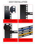 2 Pcs 0.5U Cable Lacing L Bars for 19 Inch Server Rack Rig installation guide, showcasing mounting steps and cable arrangement.