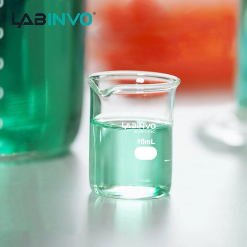 Low Form 10 mL Glass Beaker Set, 12 Pieces, 3.3 Borosilicate Lab Beakers with liquid, white enamel graduations visible