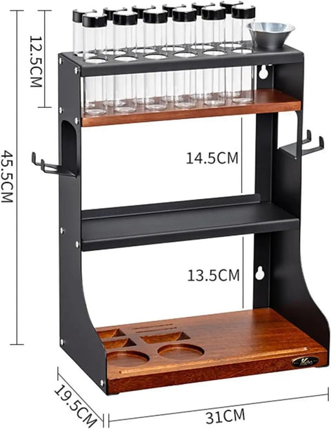 Wall Mounted Coffee Bean Storage With 12 Glass Dosing Tubes And Espresso Tools Organizer, Solid Wood Kitchen Rack with glass tubes and wooden shelves.