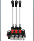 Front view of Three Spool 11 GPM Hydraulic Flow Control Valve With Heavy Duty G Ports Adjustable Relief Lever Handle Double Acting Parallel Center