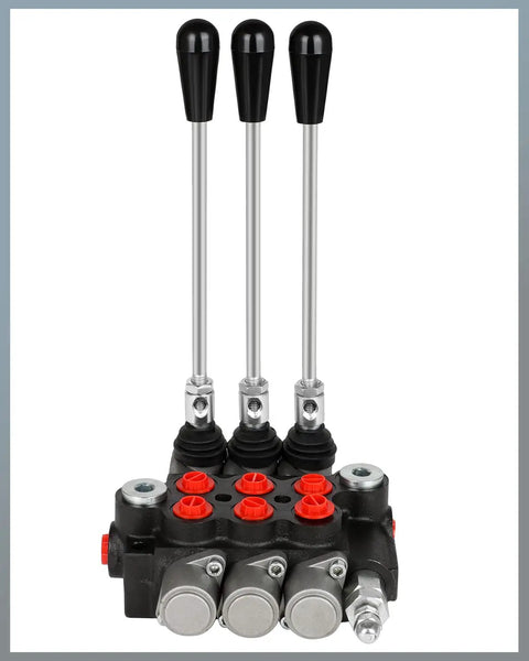 Front view of Three Spool 11 GPM Hydraulic Flow Control Valve With Heavy Duty G Ports Adjustable Relief Lever Handle Double Acting Parallel Center