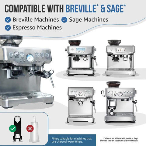 Image of Breville Espresso Machine Cleaning Kit with 52 Two-Gram Tablets and 6 Filters showing compatible espresso machines.