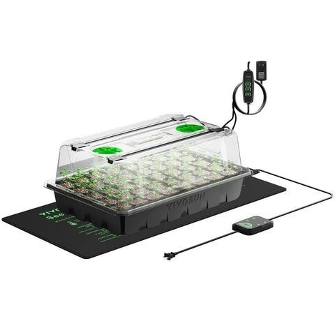 40-Cell Seed Starter Trays Kit With LED Grow Lights, 10x20.75 Inch Seedling Heat Mat, 3.6 Inch High Dome Cover, Adjustable Vents, Black Tray