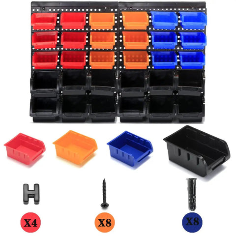 Wall Mounted Garage Storage Bins Organizer Rack With 30 Bins In Four Colors ABS Plastic for screws and small parts