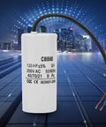Heavy Duty Run Capacitor For Motors And Air Compressors 250VAC 120uF 50 60Hz in front of a cityscape background