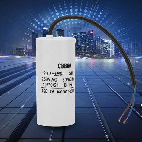 Heavy Duty Run Capacitor For Motors And Air Compressors 250VAC 120uF 50 60Hz in front of a cityscape background
