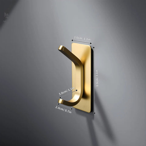 Brushed Gold Self Adhesive Wall Hooks Four Pack Stainless Steel Towel Coat Hat Robe Hangers for Bathroom and Kitchen