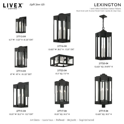 Lexington Extra Large 4 Light Natural Brass Outdoor Pendant Lantern With Clear Glass displayed from various angles and sizes on a white background.