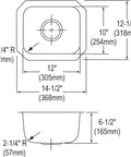 Technical drawing of Dayton Undermount Single Bowl Stainless Steel Bar Sink 15 By 13 18 Gauge 304 Stainless Seamless Under Counter Design Built To Last Heavy Duty Kitchen Sink For Home Bar And Prep Area showing dimensions and shape.