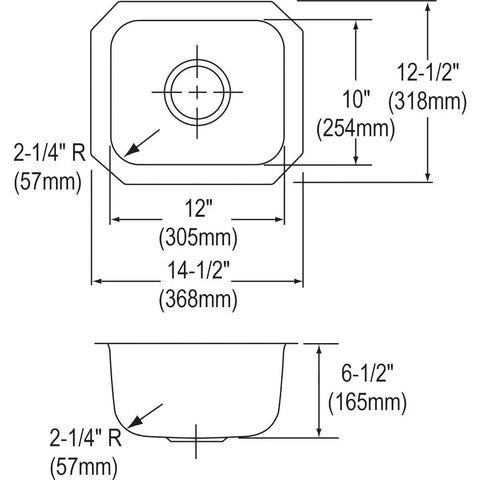 Technical drawing of Dayton Undermount Single Bowl Stainless Steel Bar Sink 15 By 13 18 Gauge 304 Stainless Seamless Under Counter Design Built To Last Heavy Duty Kitchen Sink For Home Bar And Prep Area showing dimensions and shape.