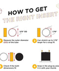 Diagram showing how to insert 5/8 Inch Flexible Plastic Hole Caps For Round Tubing 5/8 OD Black End Caps for a snug fit.