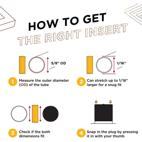 Diagram showing how to insert 5/8 Inch Flexible Plastic Hole Caps For Round Tubing 5/8 OD Black End Caps for a snug fit.