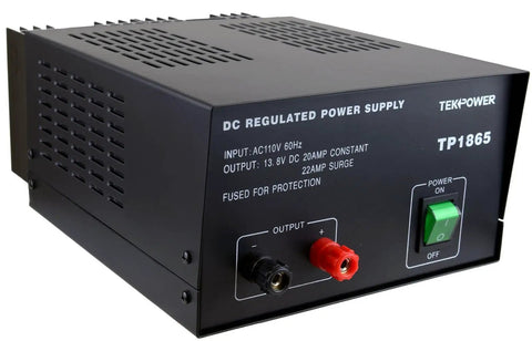 Thirteen Point Eight Volt DC Regulated Power Supply With Fuse Protection And Twenty To Twenty Two Amp Output For Ham Radios CB Radios And Amplifiers Beefy Reliable Power Hub black unit with green power button and output terminals
