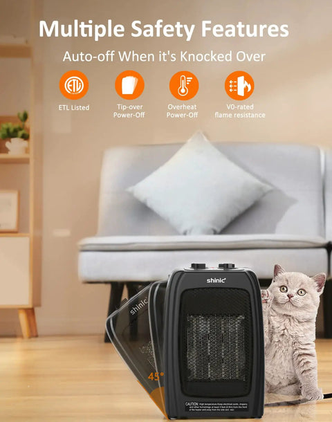Compact Ceramic Space Heater With 1500W And 900W Modes, 1 Second Fast Heat, safety features, cat next to heater, indoor setting
