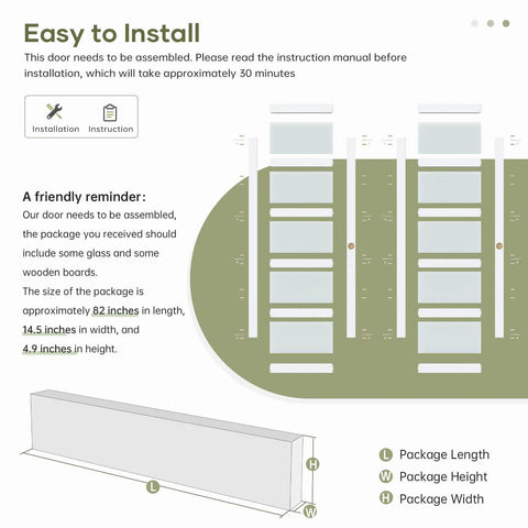 Graphic illustration showing Bypass Sliding Closet Door Set, 72 By 80 Inches, Double 37 Inch Panels, and installation instructions.