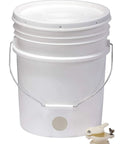 5 Gallon Beekeeping Honey Bucket With Gate And Tight Lid For Easy Honey Harvest Durable Plastic Backyard Apiary Go To Essential Secure Honey Gate Made In USA Ideal For Extractions And Simple Honey Transfer, white bucket with metal handle and honey gate attachment