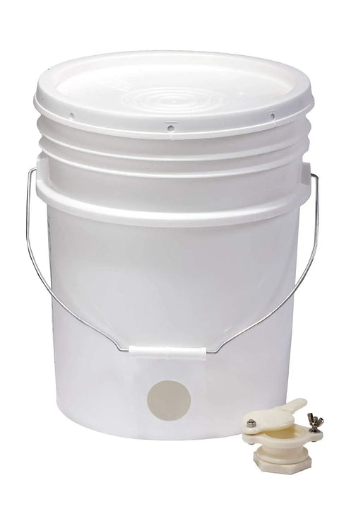 5 Gallon Beekeeping Honey Bucket With Gate And Tight Lid For Easy Honey Harvest Durable Plastic Backyard Apiary Go To Essential Secure Honey Gate Made In USA Ideal For Extractions And Simple Honey Transfer, white bucket with metal handle and honey gate attachment