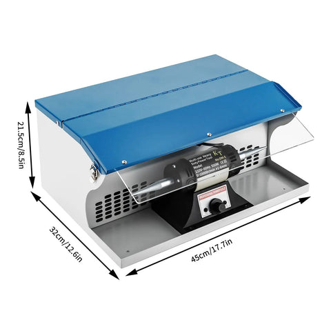 200W Jewelry Polishing Machine Desktop Buffing Tool With Light 110V 0 To 10000 RPM, blue and white unit with dimensions