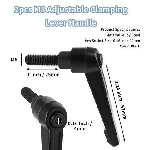 2 Pack Adjustable Clamping Lever Knobs M8 X 25mm Male Thread Push Button Ratchet Levers in black alloy steel with measurements