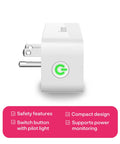 Side view of Zigbee Smart Plugs 2-Pack For Home Automation with pilot light button and safety features listed below.