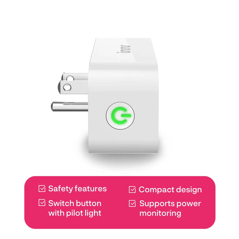 Side view of Zigbee Smart Plugs 2-Pack For Home Automation with pilot light button and safety features listed below.