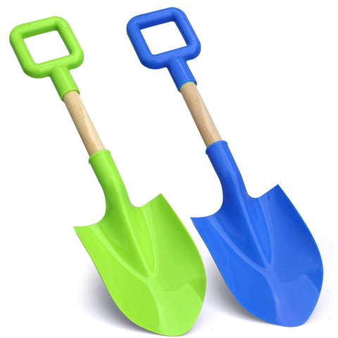 16 Inch Beach Sand Shovel Toy For Kids, Jumbo Garden Scoop Tool Kit, sturdy long handheld wooden plastic spade in blue and green