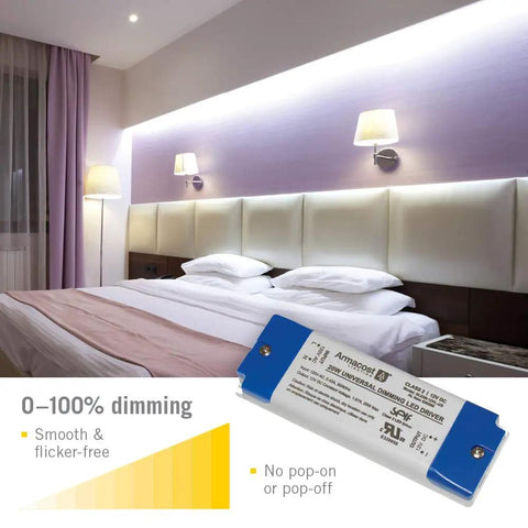 LED Dimmer Power Driver For Under-Cabinet Lighting With Removable AC Cord, 20W gray in room setting with smooth dimming demo.