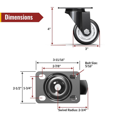 Rock Solid 3 Inch Heavy Duty Swivel Plate Caster Wheels With Smooth Quiet PVC Tires No Brake Design 8 Pack dimensions illustration