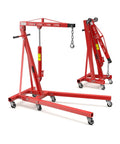 Heavy Duty 2 Ton Folding Hydraulic Engine Hoist With Telescopic Boom And Six Durable Casters in red, showcasing a robust design for garage use.