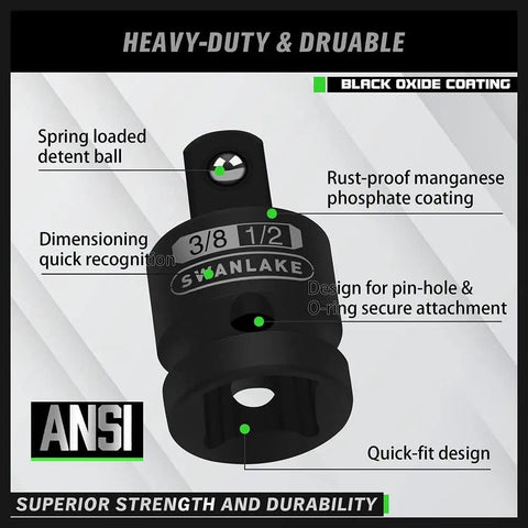 Five-Piece Cr-V Steel Impact Socket Adapters Set, 3/8 Inch Drive, detailed diagram showing features like spring-loaded detent ball and coating.