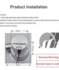 100W DC Hydro Generator For Off Grid Power installation diagram with dimensions and safety warning against water immersion