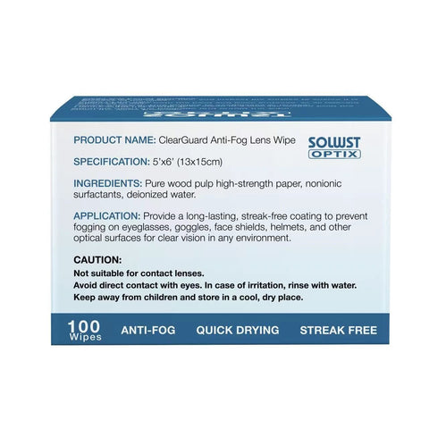 SOLWST Optix Clear Guard Anti-Fog Lens Wipes, 100 wipes, 5x6 in, for eyeglasses and lenses