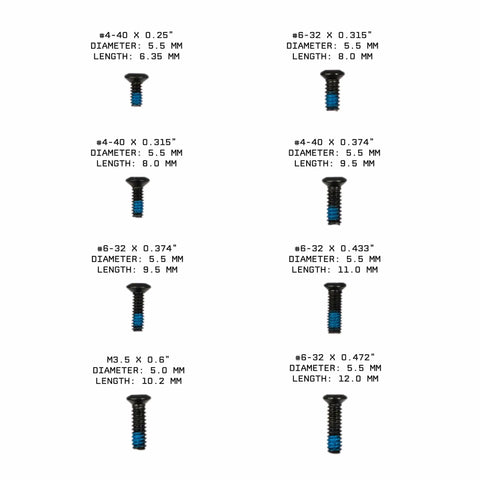 RMR Red Dot Screw Variety Pack With 6-32, 4-40 And M3.5 Screws for Glock MOS showing different screw sizes and dimensions