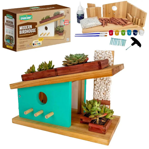 Modern Birdhouse DIY Kit For Kids And Adults Build Your Own Woodworking Craft Easy Fam Bonding Project For Skill Building Creative Woodworking Kit For Home Decor And Fun with cedar wood, paints, and tools