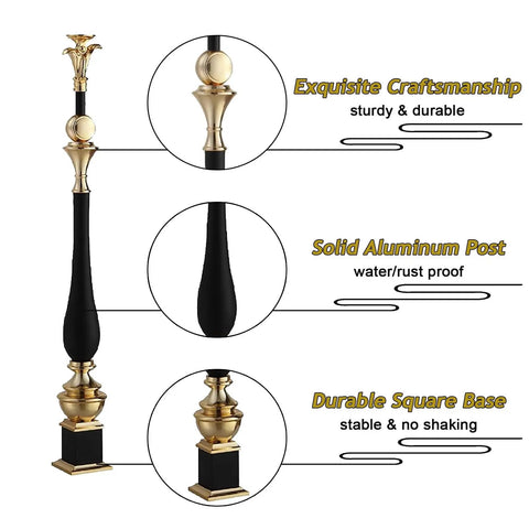 Hella Tough Aluminum Stair Balusters With Flexible Zero To Two Seventy Degree Pivot Bracket For Bulletproof Pet And Kid Safety Fencing Plus Super Simple Floor Mount Install For Indoor Steps And Lofts featuring solid black aluminum post with gold accents.