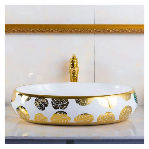 Bathroom Sink Hotel Bathroom Wash Basin Oval Above Table Basin Gold Leaf Flower Art Basin Decorative Wash Basin Bathroom Sink Vessel, side view.