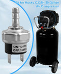 Replacement Air Compressor Pressure Switch For Husky C331H 30 Gallon Units, 135 PSI On, 165 PSI Off, 120V, shown with compressor