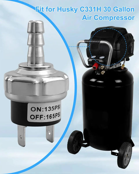 Replacement Air Compressor Pressure Switch For Husky C331H 30 Gallon Units, 135 PSI On, 165 PSI Off, 120V, shown with compressor